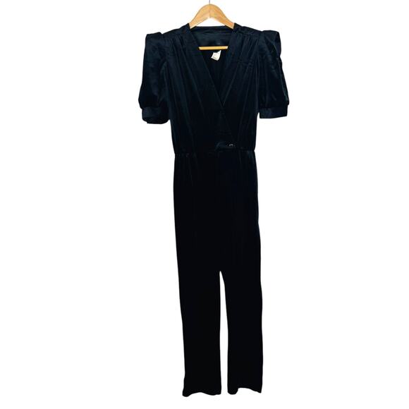 Vintage 80s Black Velvet Jumpsuit Surplice Neck Shoulder Pads Women’s Size 7 - Picture 1 of 16